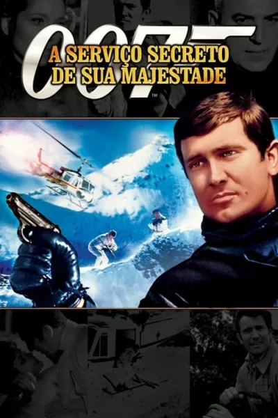 Claro, aqui está uma descrição concisa da imagem do pôster do filme para ser usada como texto alternativo para acessibilidade: Um pôster de filme com um homem segurando uma arma, com um cenário de montanha nevado ao fundo, um helicóptero e esquiadores. Tem cenas adicionais em preto e branco ao redor da imagem principal. A atmosfera é tensa e cheia de ação.