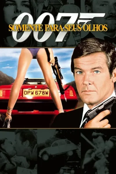 Claro, aqui está uma descrição concisa da imagem do pôster do filme para usar como texto alternativo: Um homem em terno, segurando uma arma, é destacado, com uma mulher em biquini e um carro esportivo vermelhos ao fundo. Imagens menores mostram ação e romance. Um clima de suspense e sedução.