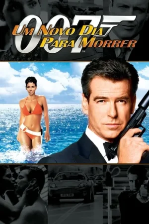 Claro, aqui está uma descrição concisa do pôster do filme para texto alternativo: Um agente secreto em smoking e uma mulher em biquini na água, ao lado de cenas de ação e romance. O tom é emocionante e misterioso.