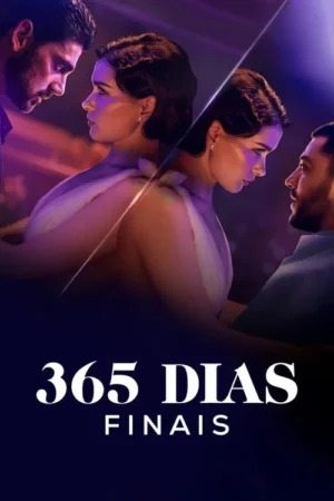 Pôster escuro com mulher em vestido claro, dividida entre dois homens em poses românticas. Luzes roxas criam clima intenso e dramático.