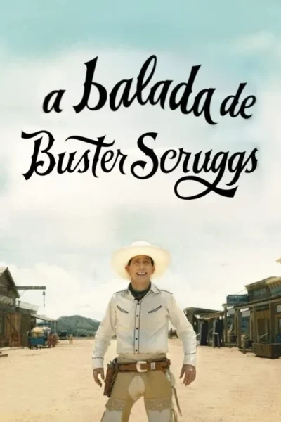 Um cowboy sorridente em uma cidade do oeste, sob um céu claro. Ele veste uma camisa branca e calças bege.