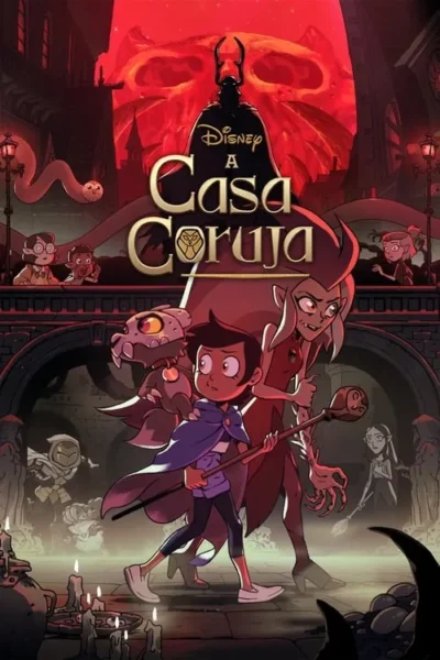 Garota, monstro e bruxa andam por um castelo gótico sob um céu vermelho sombrio. Velas e figuras misteriosas criam um clima mágico e aventureiro.