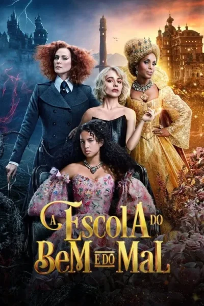 Três mulheres em trajes distintos posam diante de dois castelos contrastantes; um sombrio e outro dourado. Tempestade ao fundo.
