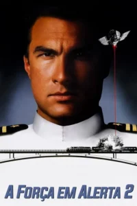 Close-up de um oficial naval sério,com um satélite e um trem explodindo em composição,sugerindo ação e suspense.