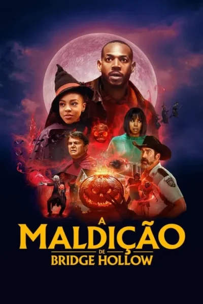 Pôster de Halloween: Grupo de personagens, incluindo bruxa e xerife. Abóbora flamejante e figuras sombrias sob uma lua cheia vermelha.