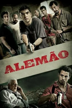 Claro, aqui está uma legenda alternativa para a imagem: Pôster de filme mostrando um grupo de homens armados em um cenário urbano sombrio, com um homem de terno no fundo. A atmosfera é tensa e violenta.