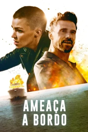Um homem e uma mulher em primeiro plano, num cenário de iate em chamas no mar. Atmosfera tensa e ação.