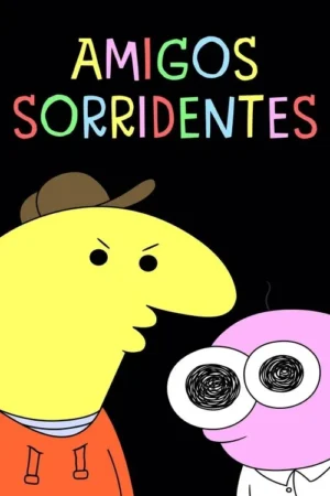 Fundo preto. Um personagem amarelo e irritado com chapéu encara um personagem rosa de olhos arregalados com espirais e expressão confusa.
