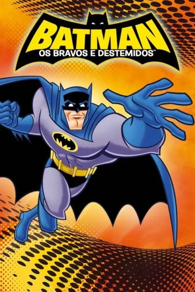 Um pôster de desenho animado com Batman em um traje azul e roxo correndo sobre um fundo alaranjado com um padrão de pontos. Ele parece animado e pronto para a ação.
