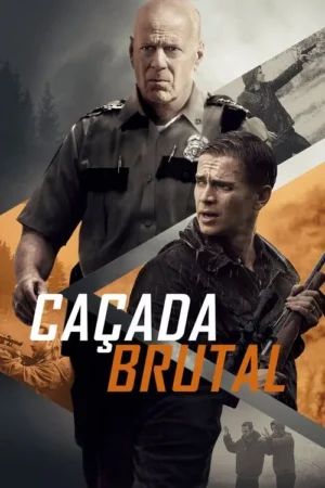 Um policial e um homem mais jovem, ambos com expressões sérias, em um cenário de floresta sombria. Imagens de atiradores em ação sugerem uma história de suspense ou ação. O clima é tenso e violento.