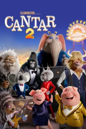 Um elenco de personagens antropomórficos de animais, incluindo um elefante, leão, gorila, coala, gato e porcos, se apresentam em um palco em Redshore City. O clima é festivo e divertido.