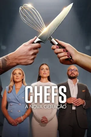 Três chefs de diferentes origens posam com uma faca e um batedor cruzados acima deles. Um clima dramático e competitivo é evidente.