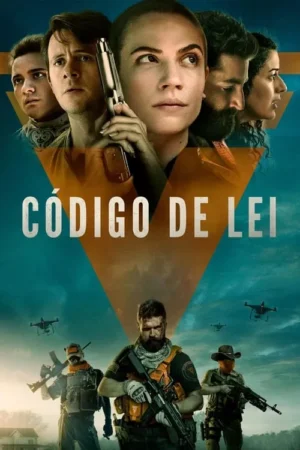 Cinco rostos sérios, mulher com arma centralizada. Abaixo, três soldados armados em cenário rural com drones no céu escuro.