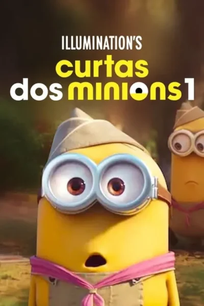 Curtas dos Minions 1 8 Dois Minions usando uniformes de escoteiros em um cenário ao ar livre. Um Minion está em primeiro plano com uma expressão surpresa. A atmosfera é leve e divertida.