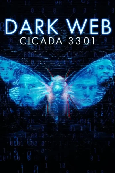 Pôster digital escuro. Uma cigarra azul brilhante tem rostos de 4 pessoas em suas asas. Código binário e glitches criam um clima misterioso e tecnológico.