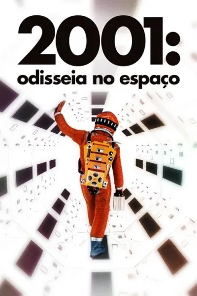 Traje espacial laranja em túnel branco e futurista, com painéis escuros. Figura de costas com a mão levantada, atmosfera de sci-fi.