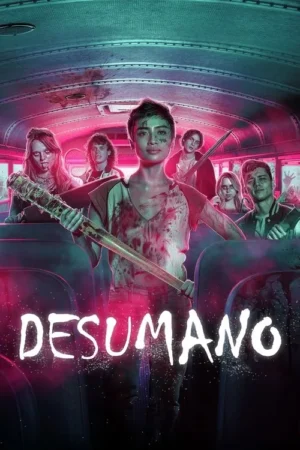 Pôster: Grupo de jovens ensanguentados em um ônibus escolar com luzes neon rosa e azul-petróleo. A garota central empunha um bastão com pregos, clima de terror.