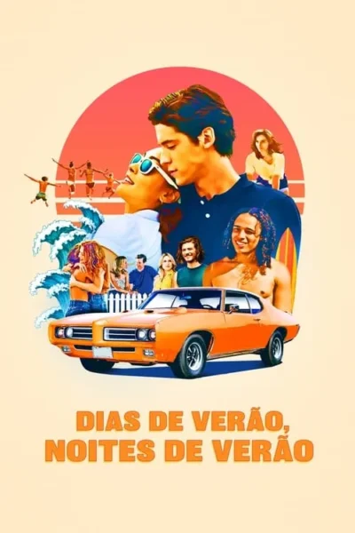 Um casal abraçado, um carro esportivo laranja, amigos na praia e ondas do mar, tudo sobre um fundo de sol poente.