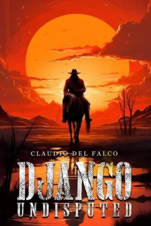 Um cavaleiro solitário em silhueta sobre um cavalo, caminhando em águas rasas, com um grande sol laranja ao fundo. Céu avermelhado e dramático.
