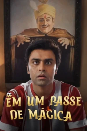Um homem chocado em camisa de futebol. Atrás, uma pintura de um homem indiano sorridente com turbante e bindi, mãos abertas em pose mágica.