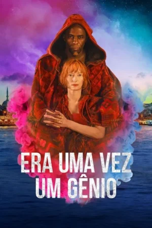 Um homem e uma mulher abraçados, ambos vestindo vermelho, sobre um fundo de cidade à noite e céu colorido.