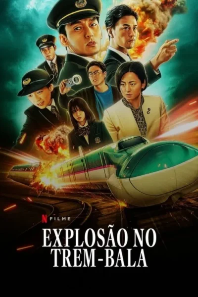 Um trem-bala em chamas; um grupo de pessoas, incluindo um em uniforme, olhando para a explosão. Cenário dramático e tenso.