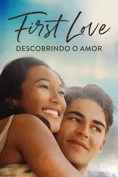 Pôster vibrante com uma jovem sorrindo amplamente abraçando um rapaz. Ele olha suavemente para o lado. Fundo claro e ensolarado.