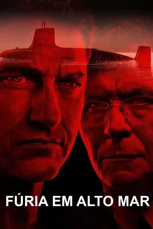 > Pôster de filme com dois homens sérios, sobrepostos a um submarino no mar. Tons vermelhos escuros criam um clima tenso. Espero que ajude!