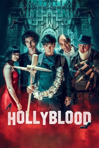 Pôster: Cinco caçadores de vampiros com ferramentas incomuns contra um castelo gótico e morcegos. Clima sombrio e divertido.