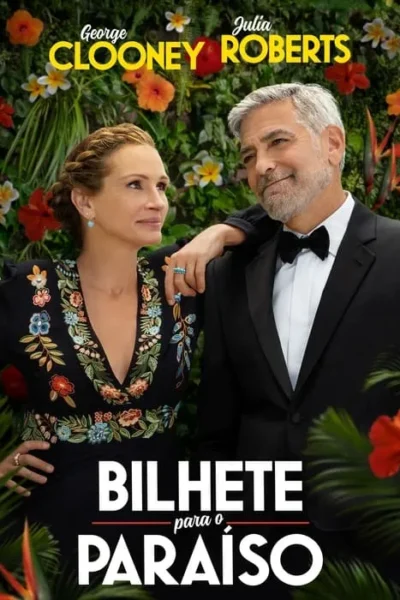 Um casal elegante, a mulher em vestido bordado e o homem de smoking, sorriem em frente a um jardim tropical vibrante.