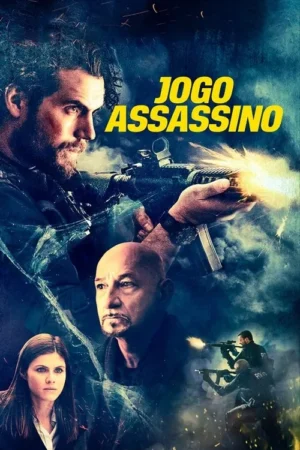 Claro, aqui está um texto alternativo conciso para o pôster do filme: Pôster de filme com um homem barbudo segurando uma arma, uma mulher com olhar preocupado e um homem careca ao fundo. Cena de ação com tiros e clima tenso. Espero que isto ajude!