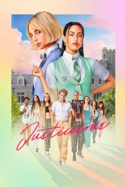 Duas jovens em uniformes de colégio pastel se destacam. Abaixo, 8 adolescentes diversos em frente a um campus. Clima vibrante de drama juvenil.