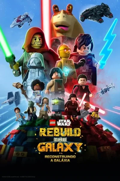 Claro. Aqui está uma descrição concisa da imagem para texto alternativo (alt text): Um pôster de filme animado apresenta vários personagens de Lego Star Wars em um cenário espacial vibrante. Sabres de luz, naves espaciais e um clima de ação são perceptíveis.