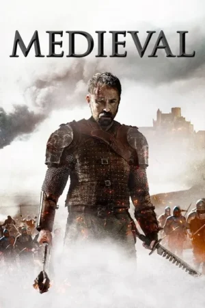 Um guerreiro medieval ferido, segurando duas armas, está em primeiro plano, com um castelo ao fundo e um exército em batalha. Cena sombria e nebulosa.
