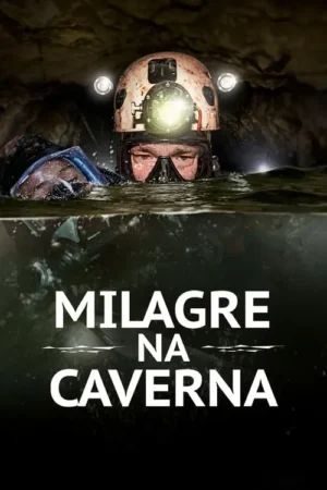 Mergulhador com capacete e luz em uma caverna subaquática escura. Água turva e ambiente sombrio.