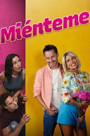 Pôster com quatro personagens em fundo rosa e amarelo. Um casal central sorridente, e dois outros espiando por trás de uma parede. Clima divertido e romântico.