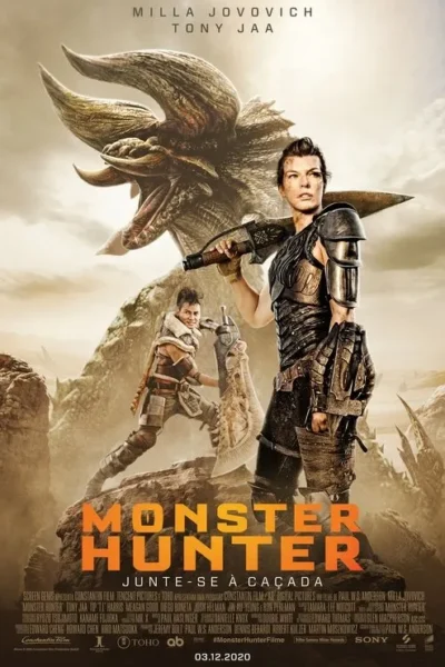 Claro, aqui está uma legenda alternativa para a imagem fornecida: Uma guerreira armada enfrenta uma enorme criatura semelhante a um dinossauro em uma paisagem desértica. Outro caçador está ao fundo. Clima sombrio e de aventura.