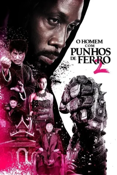 Pôster de ação: rosto sério de homem negro, artistas marciais asiáticos, e um punho metálico gigante. Tons de preto, branco e fúcsia com estilo agressivo.