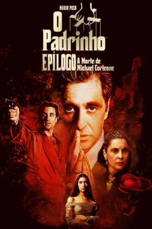 Pôster intenso: homem mais velho com mãos juntas ao centro. Jovem com arma e roupão vermelho à esquerda, duas mulheres. Fundo escuro com respingos de sangue.