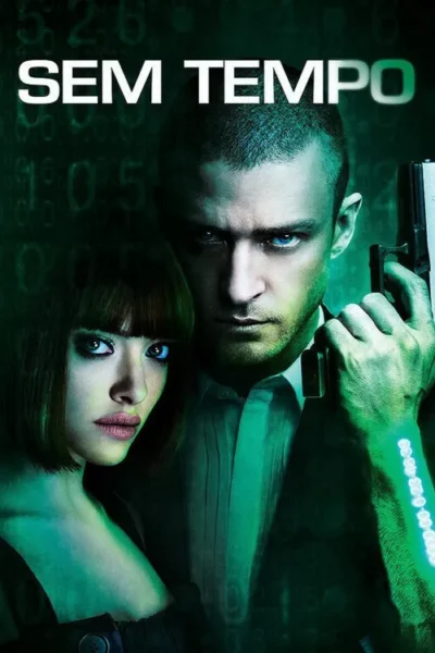 Um homem e uma mulher, com fundo verde num tom escuro, números sobrepostos, ele segura uma arma. Clima tenso.