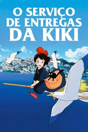 Uma jovem sobre uma vassoura voadora, acompanhada de um gato preto, sobrevoa um mar azul cercado por uma cidade costeira sob um céu claro e ensolarado. Gaivotas voam ao seu redor.