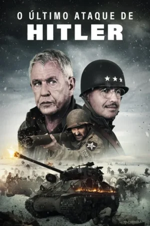 Pôster de guerra: Dois homens com uniformes militares, um deles com óculos, observam uma batalha nevada com um tanque e soldados em combate. Clima intenso.