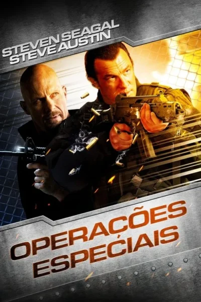 Dois homens com armas de fogo, em uma cena de ação intensa. Um deles é careca, o outro tem cabelo curto. O fundo apresenta uma textura metálica e uma grade. Clima geral: ação/suspense.