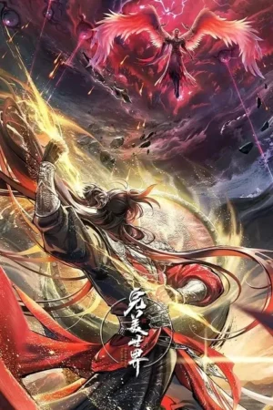 Pôster de fantasia épica: um herói de punho brilhante em primeiro plano enfrenta um inimigo alado no céu tempestuoso, com magia e rochas.