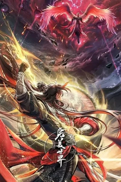 Pôster de fantasia épica: um herói de punho brilhante em primeiro plano enfrenta um inimigo alado no céu tempestuoso, com magia e rochas.