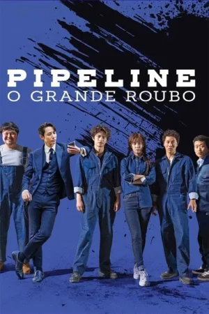Pôster de filme apresentando um elenco de sete pessoas em roupas azuis em frente a um fundo azul escuro e manchado. Há uma atmosfera sombria e cheia de suspense.