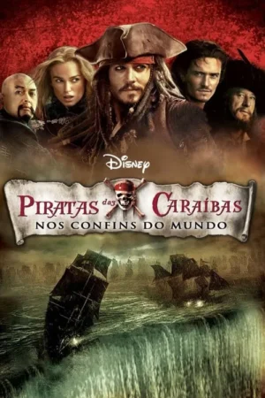 Uma cena de piratas de ação marítima com vários personagens destacados, incluindo Jack Sparrow. Uma batalha naval é vista no fundo, sugerindo perigo e aventura.
