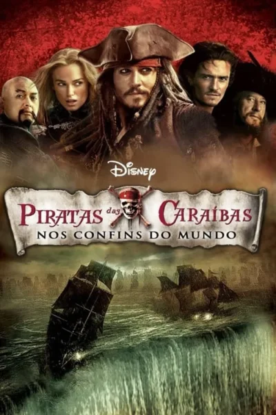 Uma cena de piratas de ação marítima com vários personagens destacados, incluindo Jack Sparrow. Uma batalha naval é vista no fundo, sugerindo perigo e aventura.