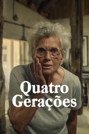 Mulher idosa de óculos e cabelos grisalhos, com a mão no rosto em choque. Fundo interno desfocado com vigas.