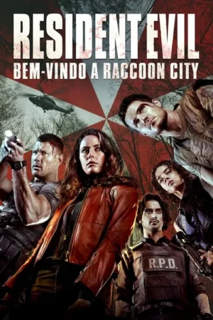 Um pôster de filme com um grupo de personagens de olhar sério contra um cenário sombrio de floresta. Um helicóptero voa acima. Um clima ameaçador está presente.